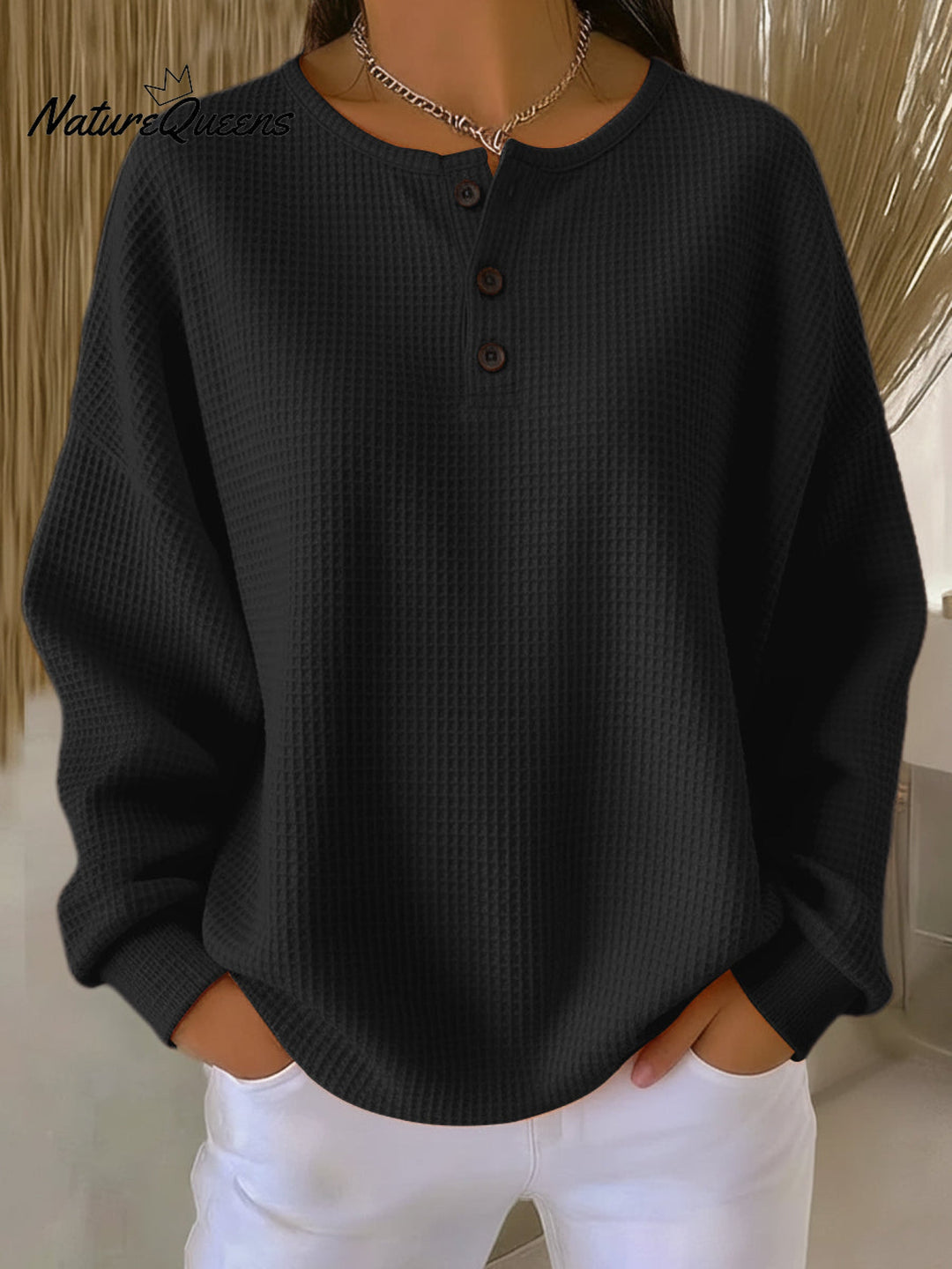 Casual Waffle Henry Collar Sweatshirt