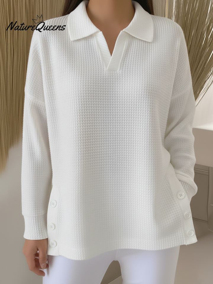 Casual Polo Neck Side Slit Button Waffle Pullover Top