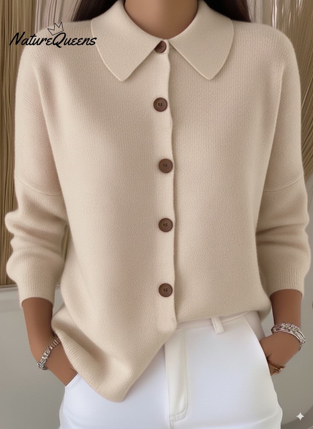 Peter Flip Soft Wool Collar Button-Down Cardigan Sweater Top