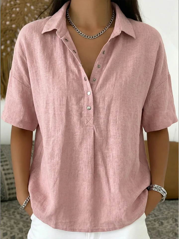 Snap-Button Casual Linen Blouse