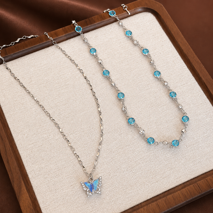 Aurora™ Crystal Butterfly Necklace – Blue Zircon Layered Pendant Necklace for Women | Elegant Dainty Jewelry Gift BeverlyWear