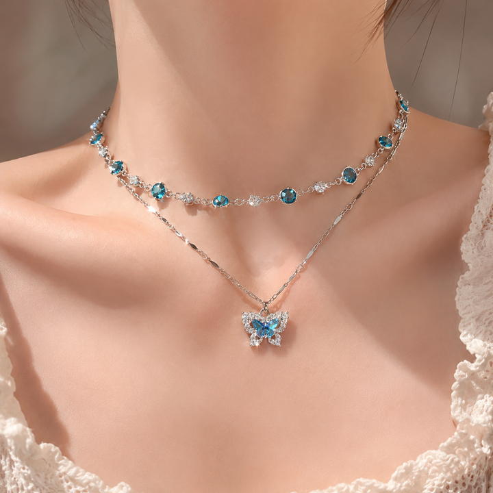 Aurora™ Crystal Butterfly Necklace – Blue Zircon Layered Pendant Necklace for Women | Elegant Dainty Jewelry Gift BeverlyWear