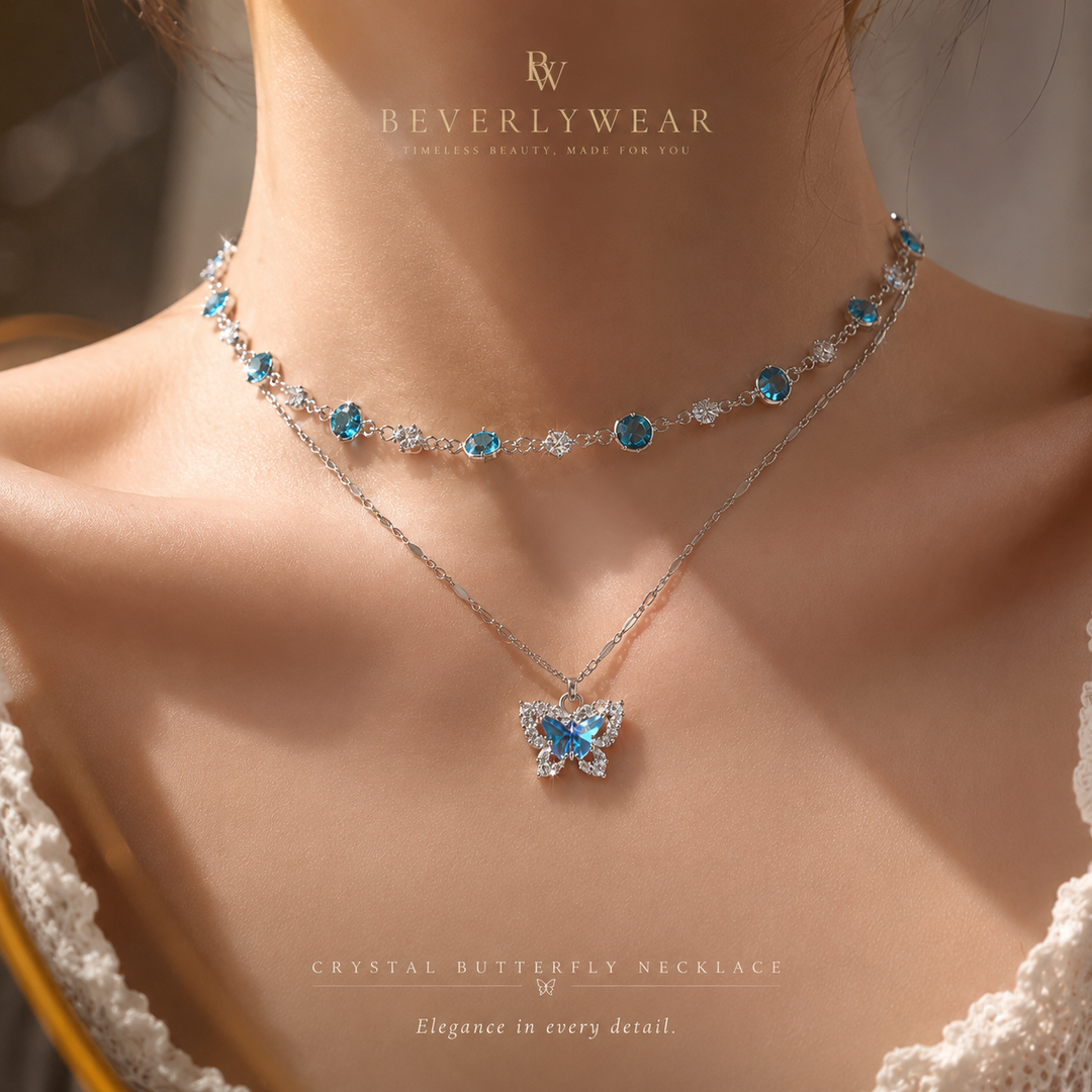 Aurora™ Crystal Butterfly Necklace – Blue Zircon Layered Pendant Necklace for Women | Elegant Dainty Jewelry Gift BeverlyWear
