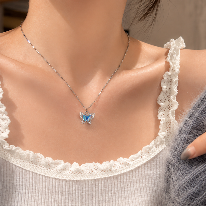 Aurora™ Crystal Butterfly Necklace – Blue Zircon Layered Pendant Necklace for Women | Elegant Dainty Jewelry Gift BeverlyWear