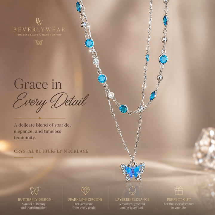 Aurora™ Crystal Butterfly Necklace – Blue Zircon Layered Pendant Necklace for Women | Elegant Dainty Jewelry Gift BeverlyWear