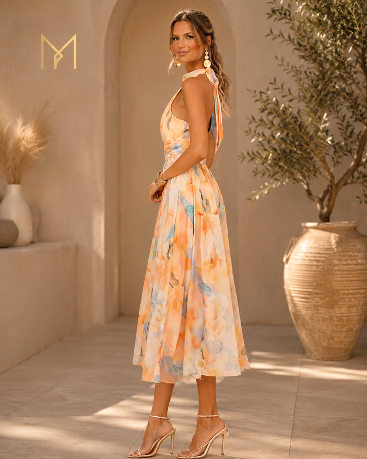 AURORA | DRESS WITH HALTER NECK AND WATERCOLOR PRINT