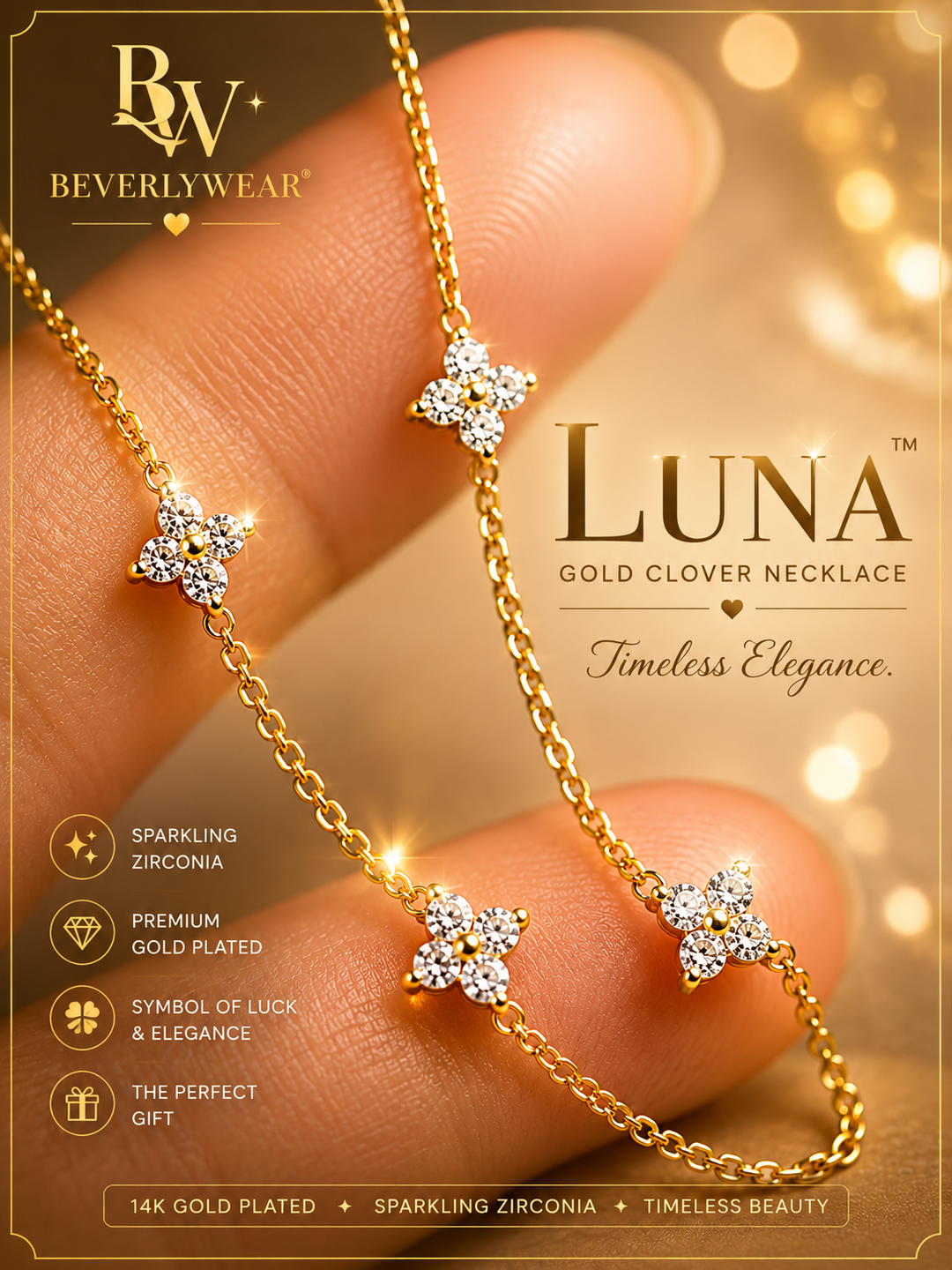 Luna™ Gold Clover Necklace | Elegant Zirconia Pendant Jewelry