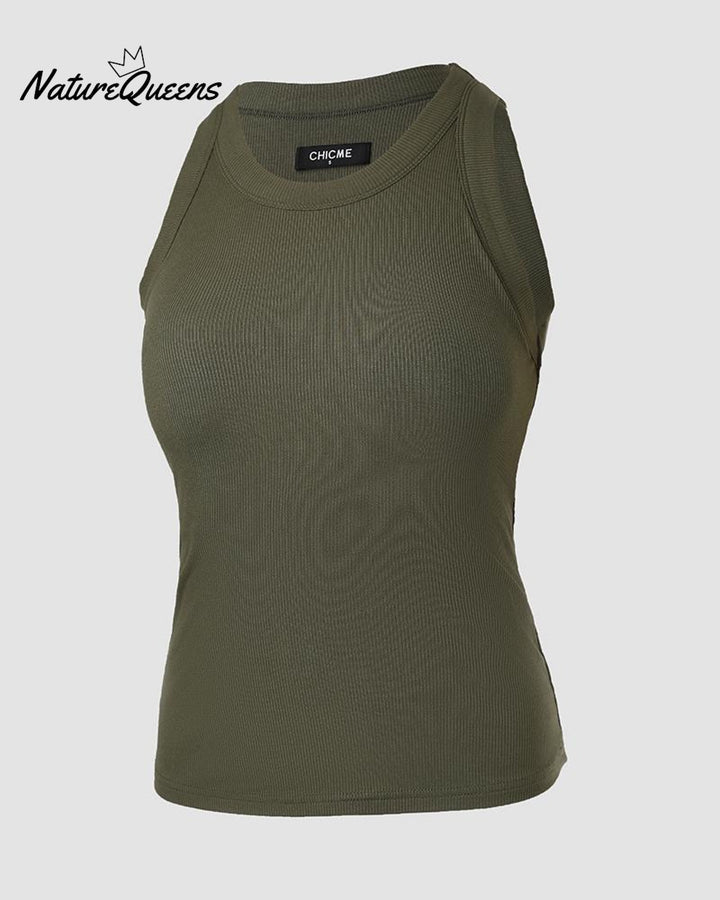 Round Neck Ribbed Tank Top With Bra Pads