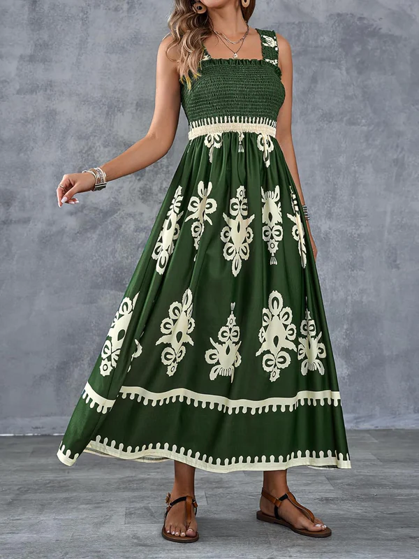 Artistic Geometric Print Smocked Maxi Dress