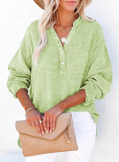 Casual Button-Down Textured Long-Sleeve Blouse