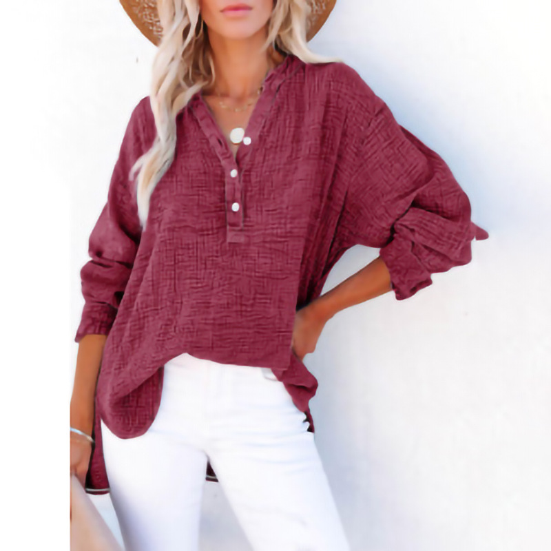 Casual Button-Down Textured Long-Sleeve Blouse