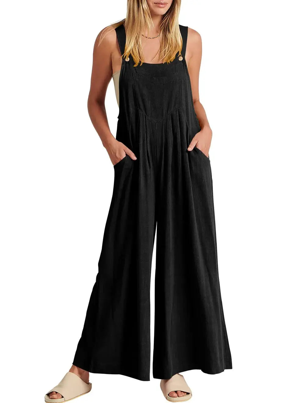 Comfortable Solid Button-Strap Relaxed Jumpsuit