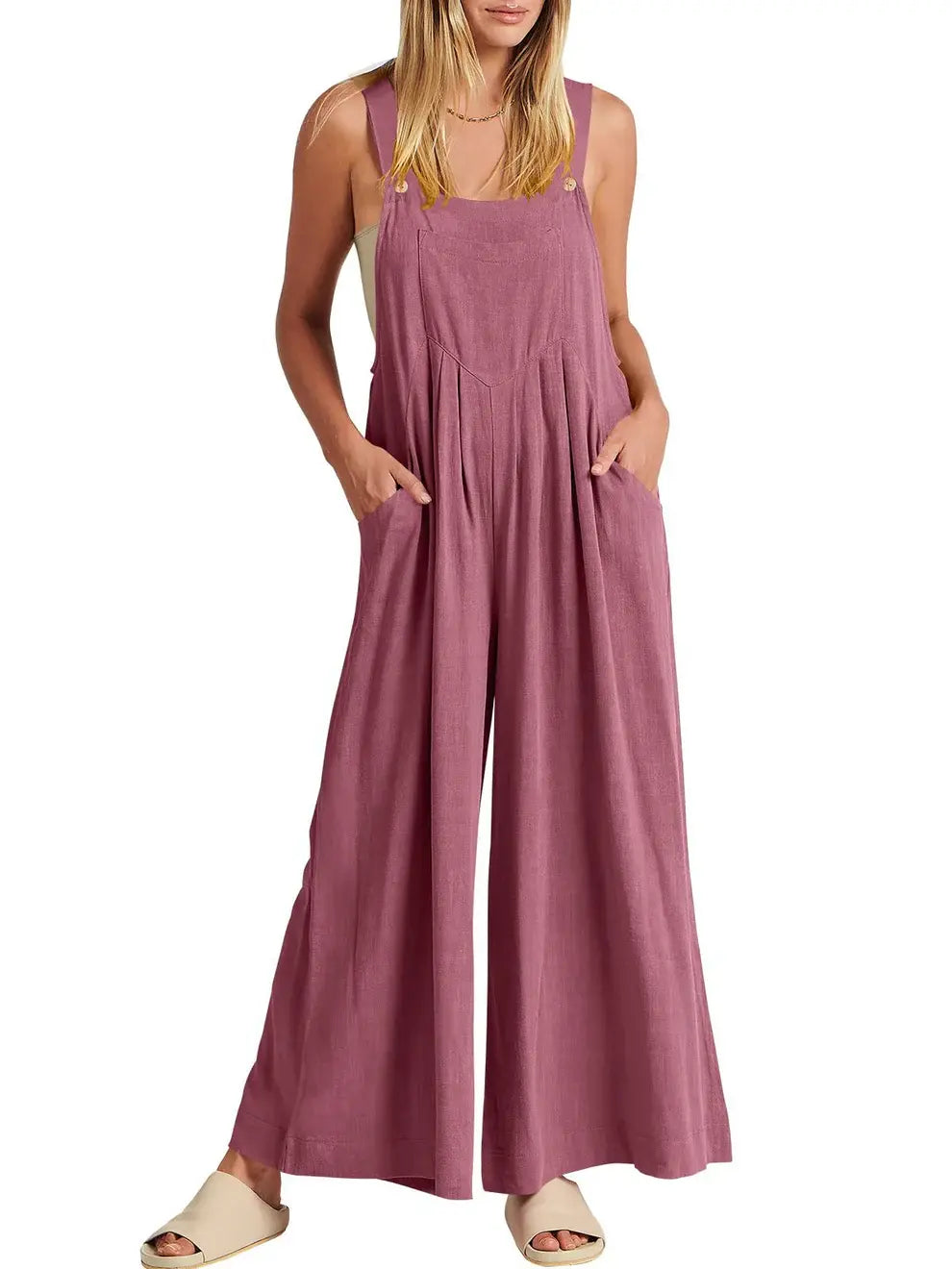 Comfortable Solid Button-Strap Relaxed Jumpsuit