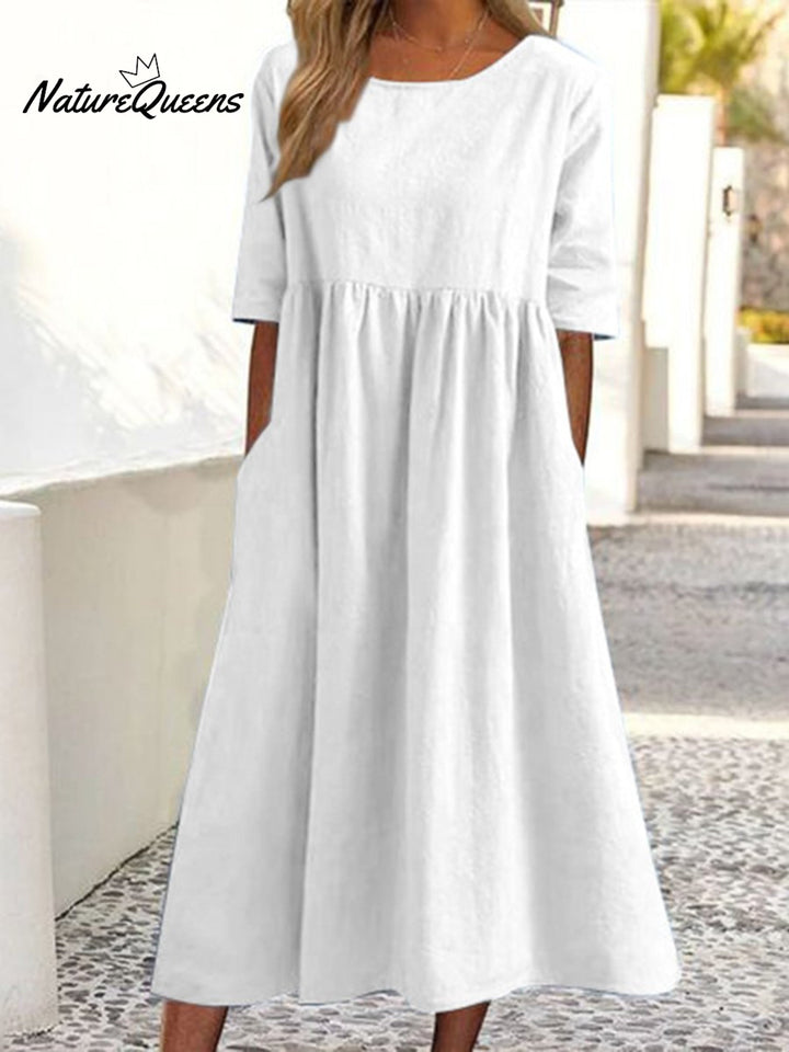 5-quarter Sleeve Casual Loose Solid Color Cotton and Linen Dress
