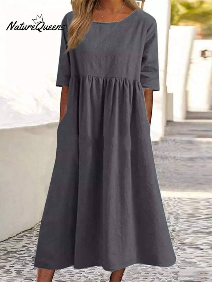 5-quarter Sleeve Casual Loose Solid Color Cotton and Linen Dress