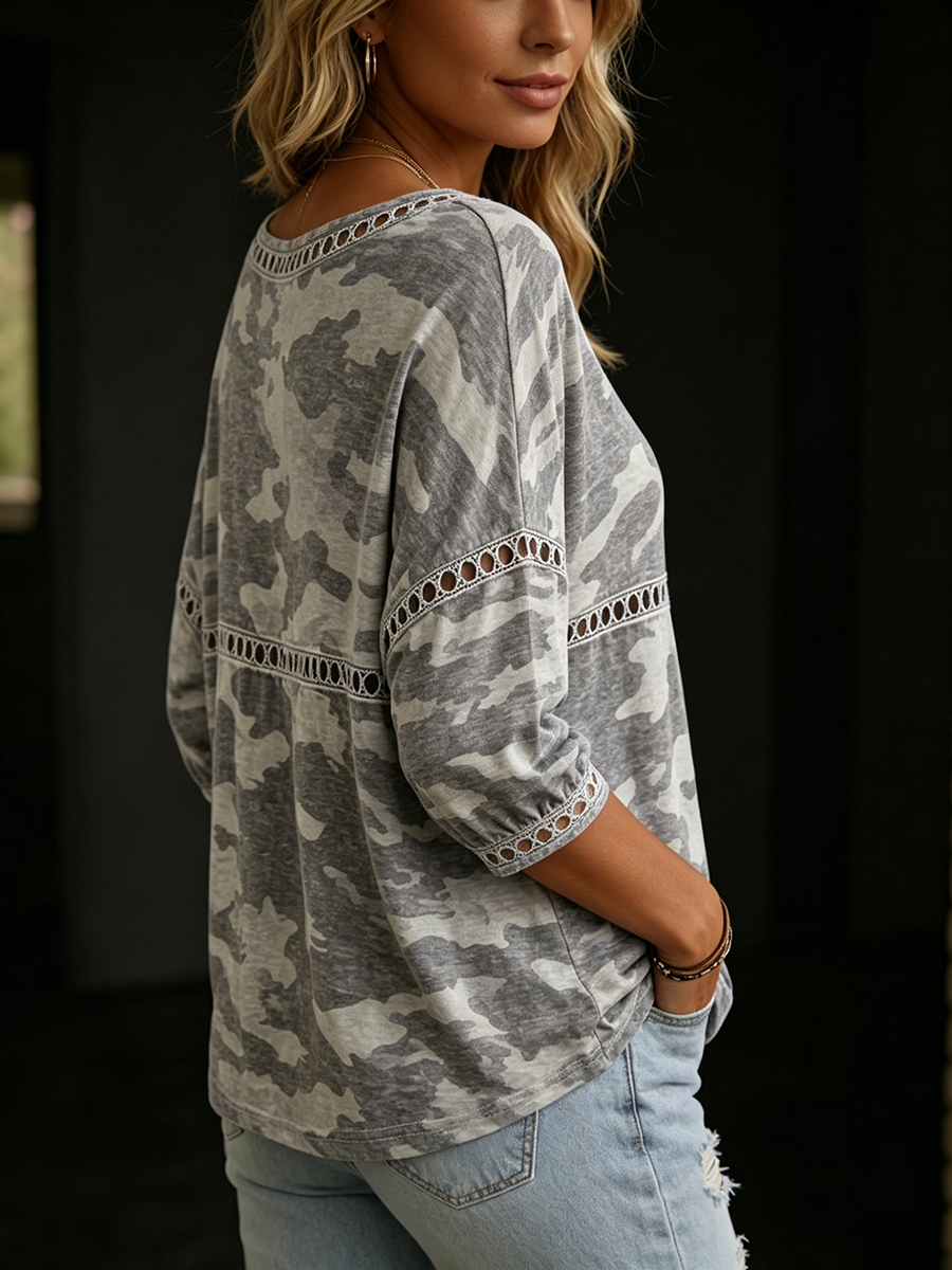 Casual Leopard Print &amp; Cutout Lace-paneled Cotton Top