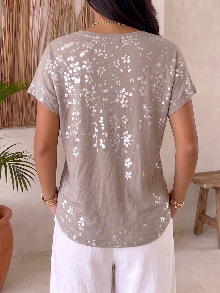 Silver Floral Waterfall Print Cotton T-shirt