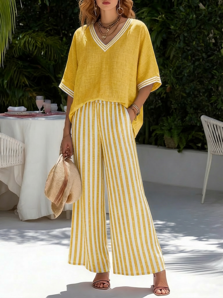 Casual Two-piece Set: Striped Linen &amp; Cotton Patchwork Top And Striped Trousers— Look Put Together in 5 Seconds