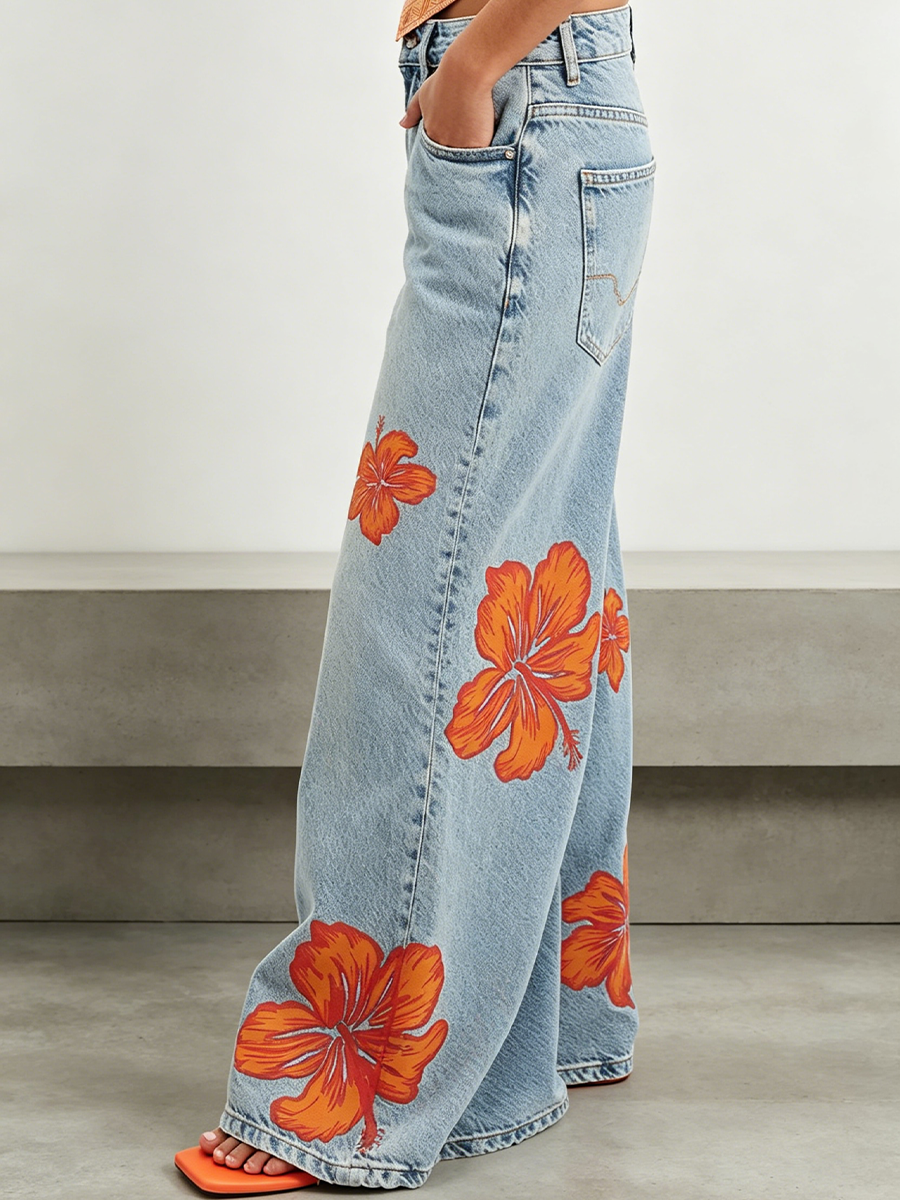 Light-wash Floral-print Wide-leg Jeans