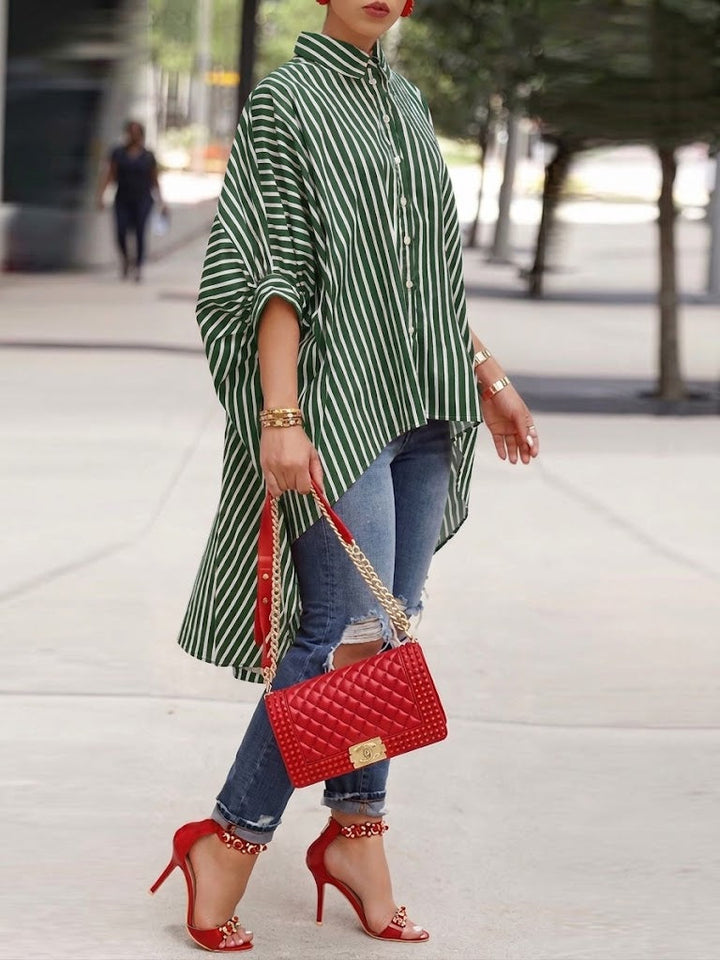 Loose-fit Casual Striped Shirt With High-low Hem