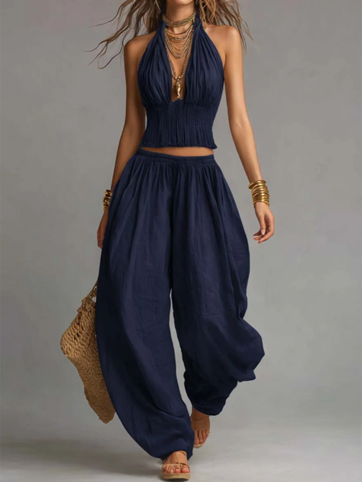 Sexy Boho Halter Top &amp; Wide-leg Pants Two-piece Set