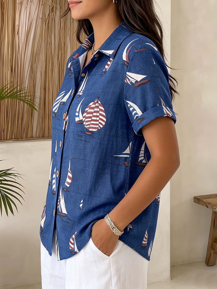" Sailing Day ” Sailboat-print Cotton-linen Shirt