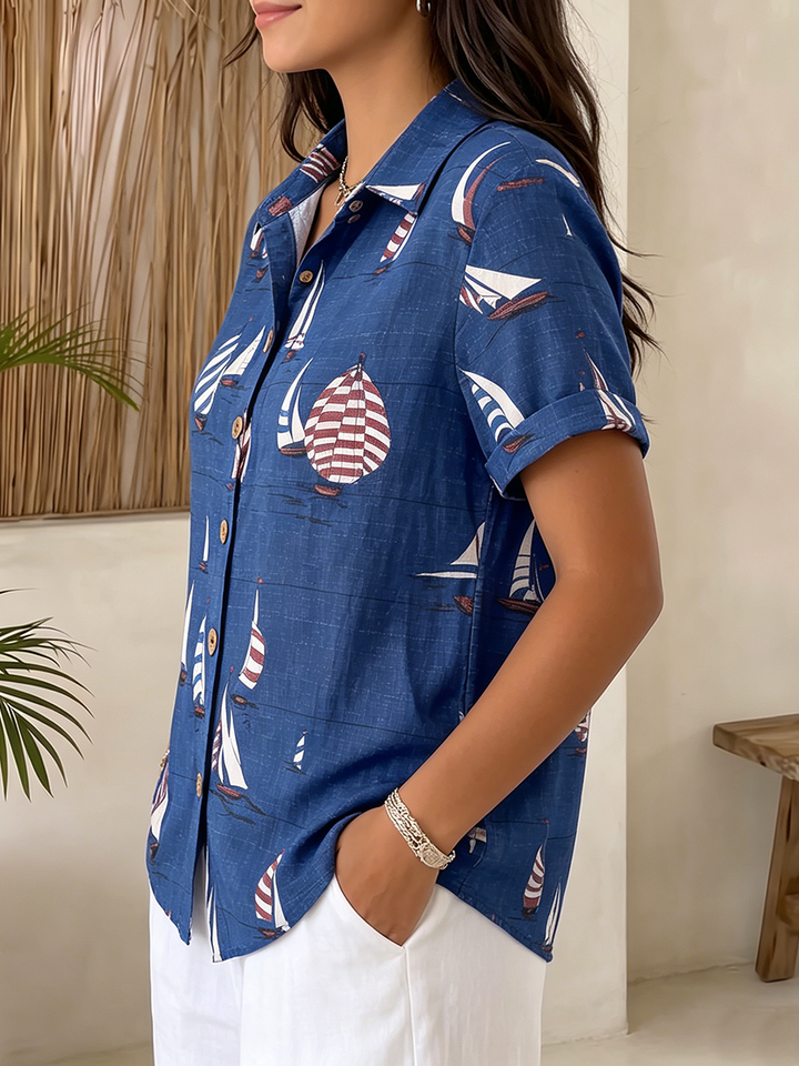 " Sailing Day ” Sailboat-print Cotton-linen Shirt