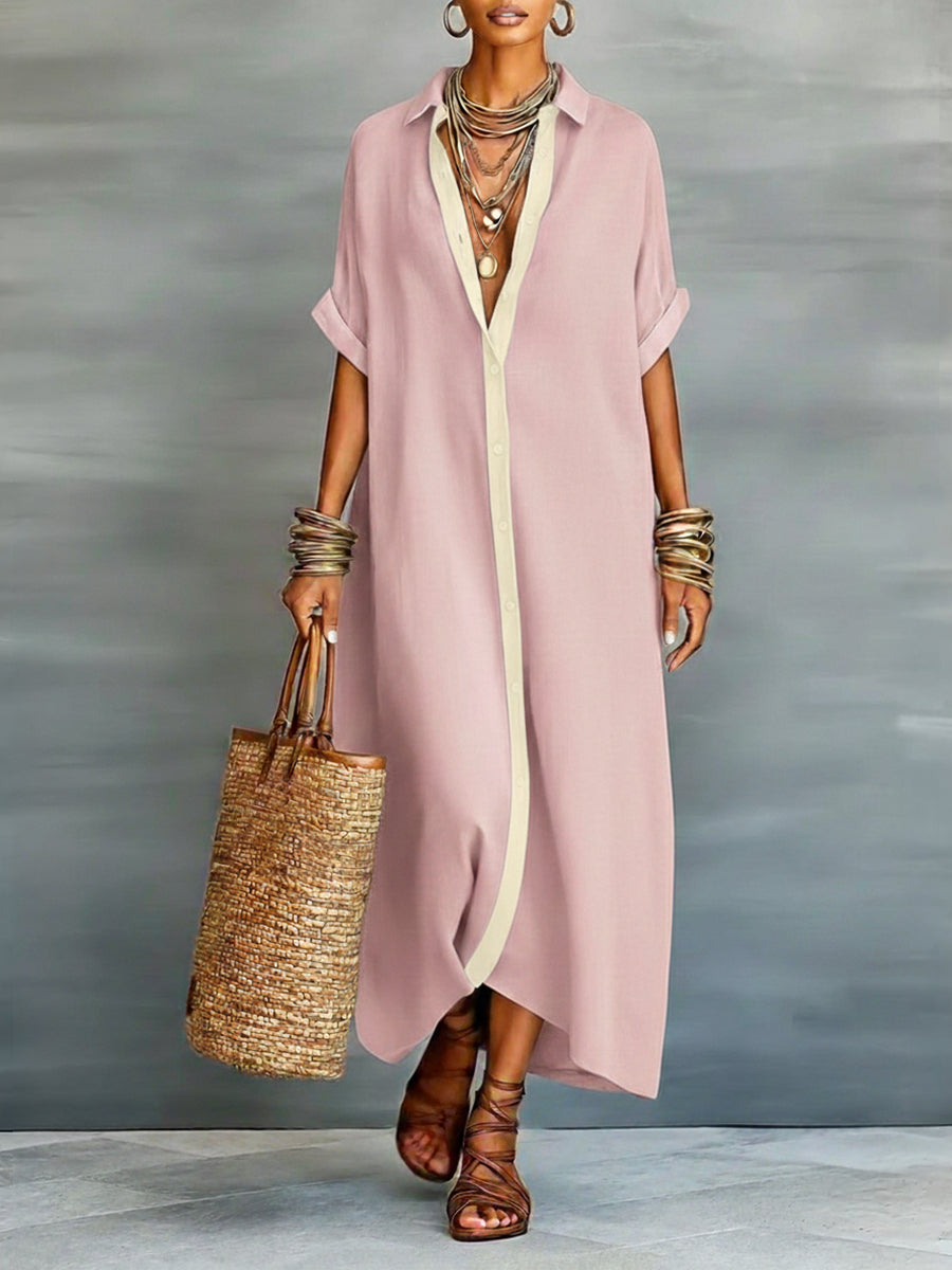 Women’s Linen &amp; Cotton Shirt Dress – Casual Loose Fit Summer Midi Dress