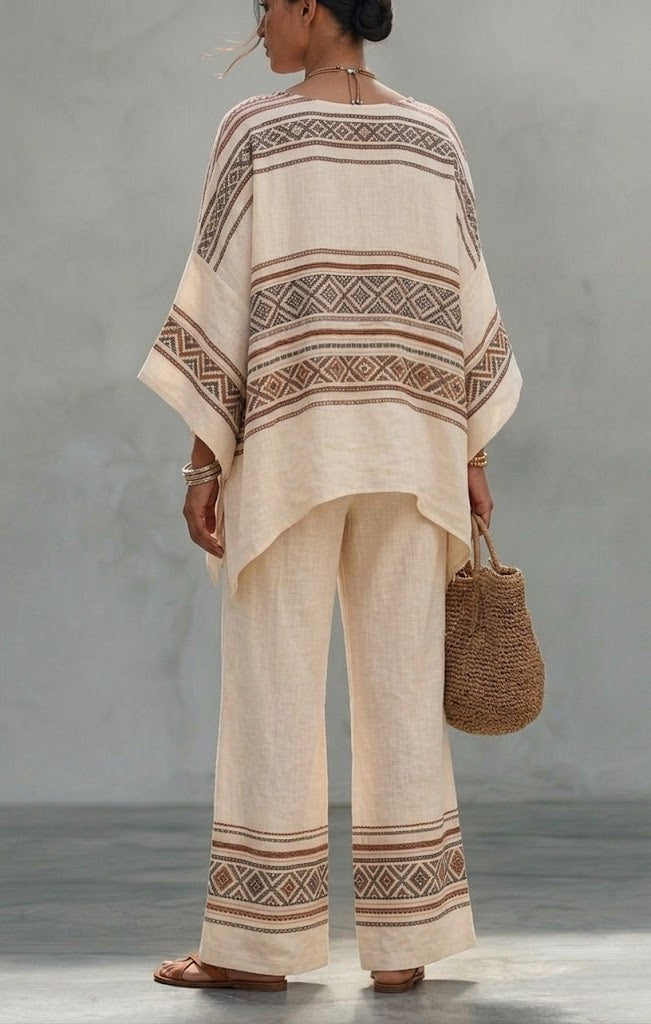 Loose-fit, Casual, Ethnic-style Two-piece Set: Geometric-print Linen &amp; Cotton Top And Pants