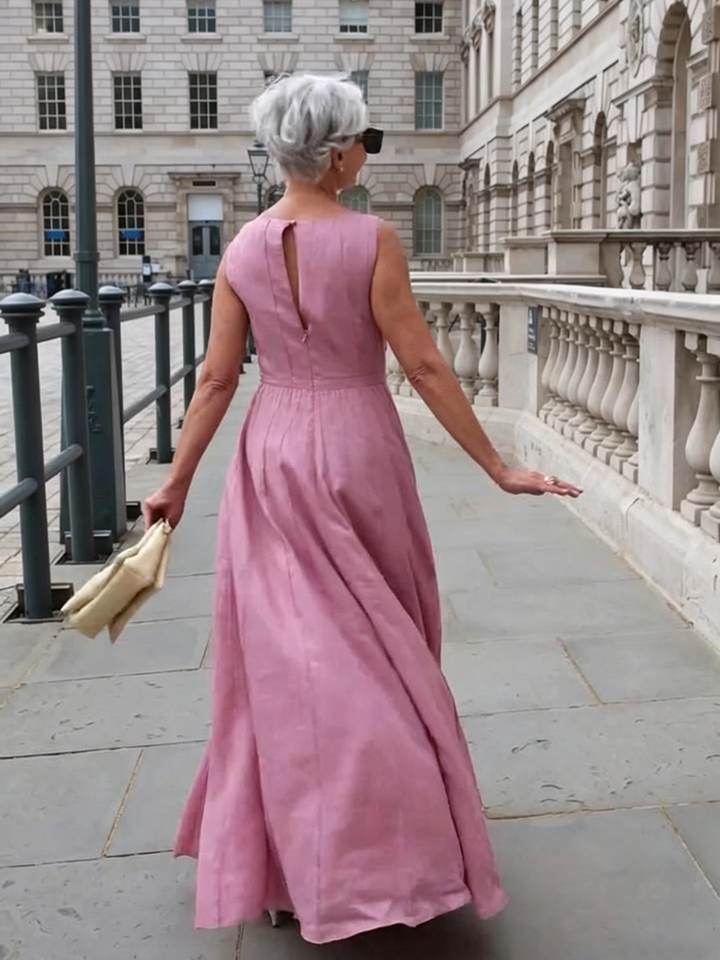 Elegant Boat-neck Pleated Cotton-linen Maxi Dress