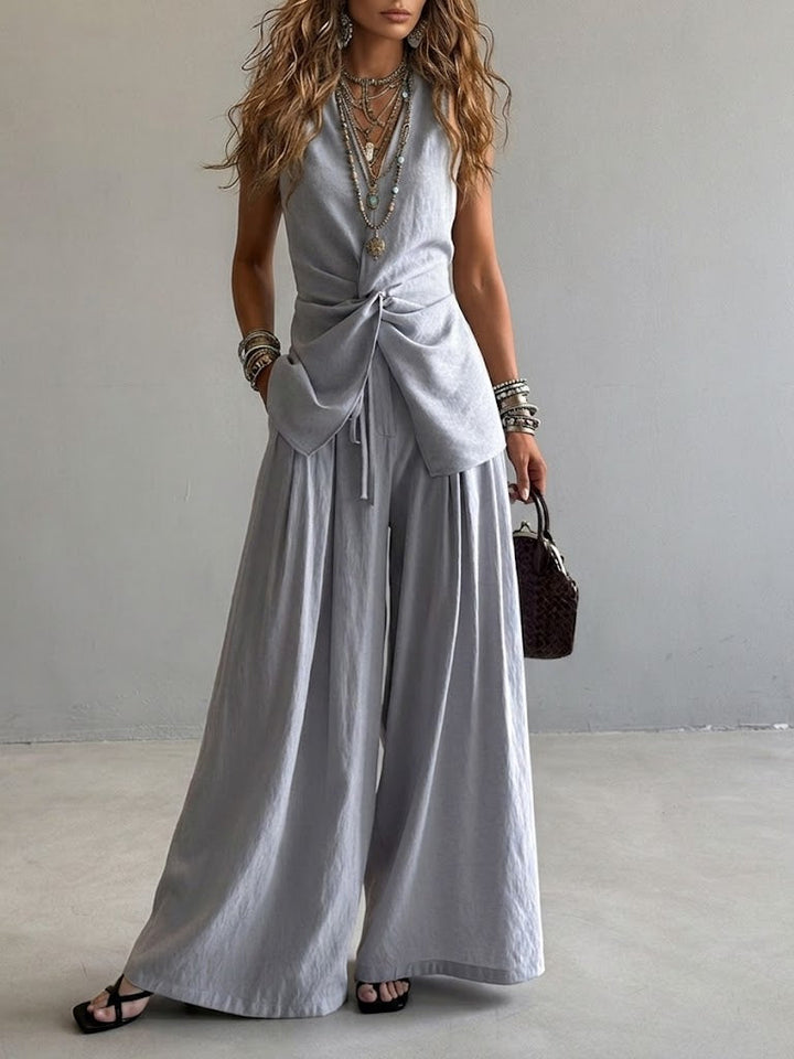 Casual Two-piece Set: Floral-print Linen &amp; Cotton Top And Solid-color Trousers