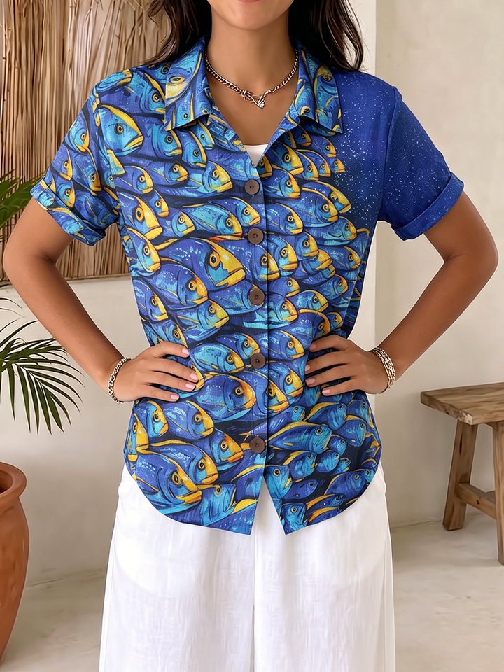 "Deep Sea Dream" Fish Print Cotton-linen Shirt