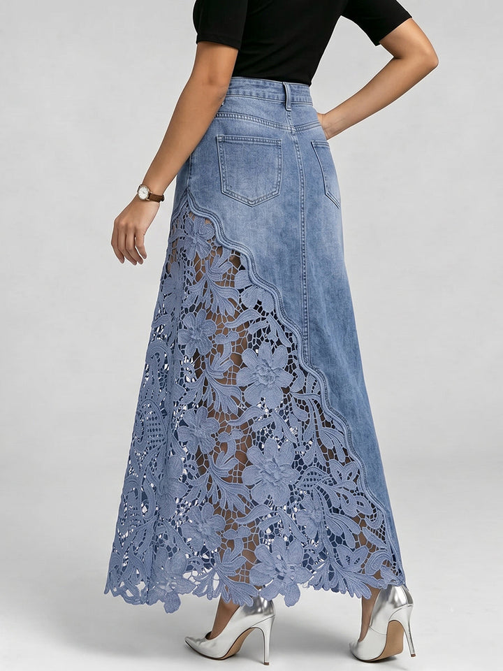 Stylish &amp; Sexy Lace-paneled Cutout Denim Skirtv