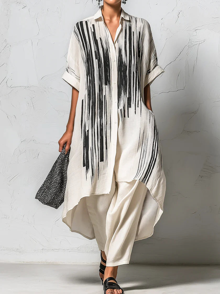 Loose-fit Casual Two-piece Set: Artistic Print Linen &amp; Cotton Long Shirt And Trousers