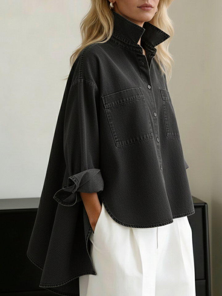 Casual Stand-collar Irregular Hem Denim Shirt Top