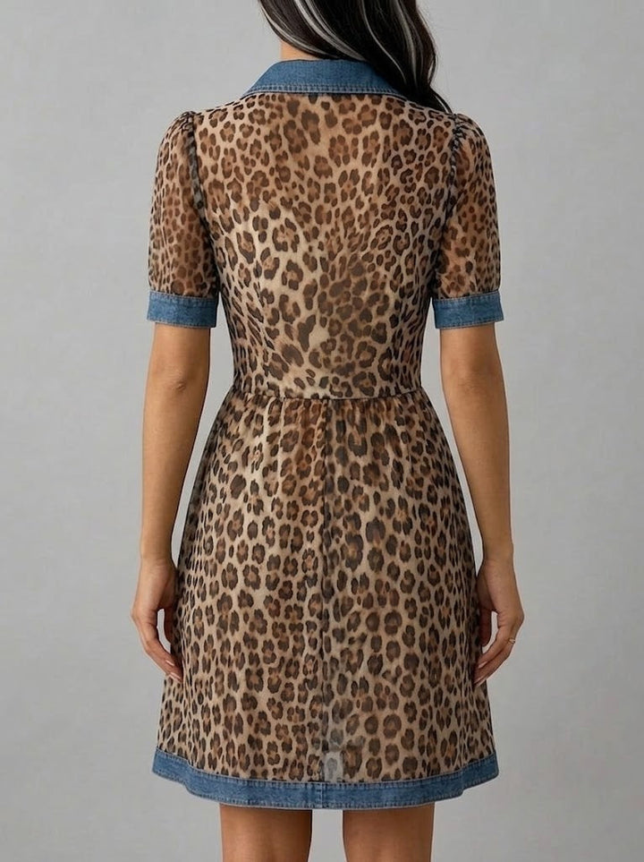 Stylish Casual Leopard-print Chiffon And Denim Patchwork Dress