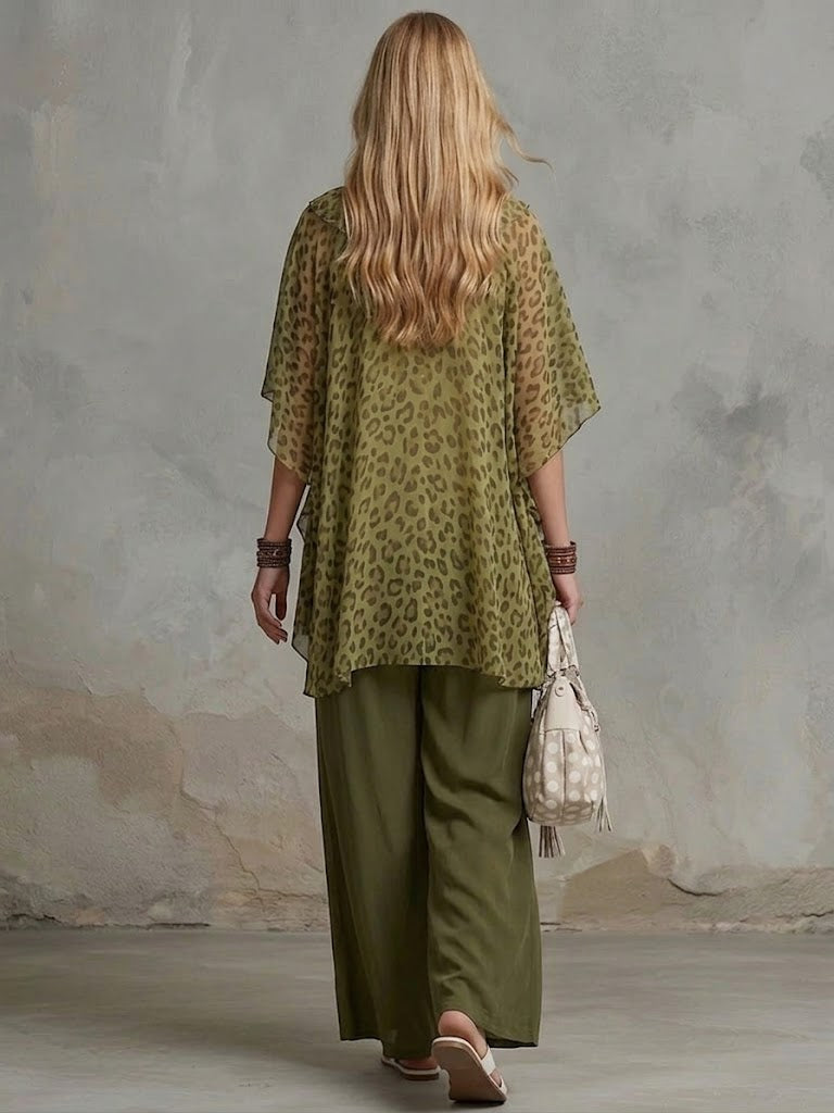 Loose And Cozy Leopard Print Chiffon Two-piece Set (top &amp; Pants)