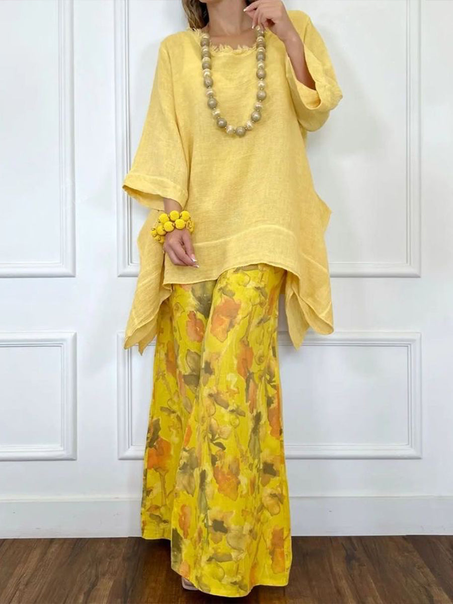 Loose-fit Casual Linen &amp; Cotton Top And Floral-print Pants Two-piece Set