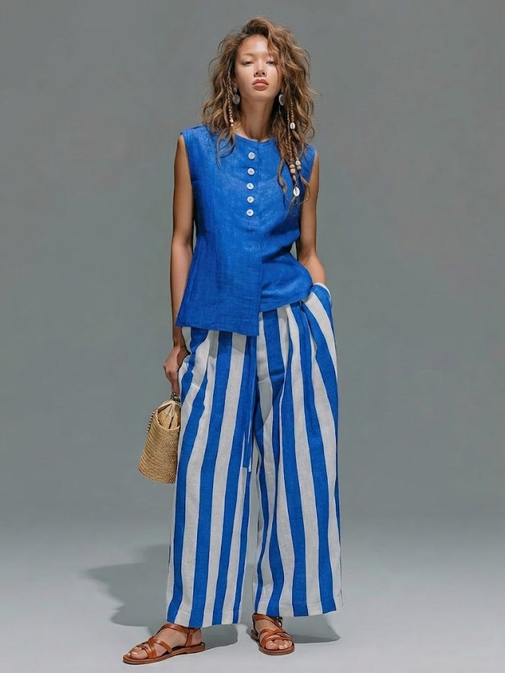 Casual Linen And Cotton Sleeveless Top And Striped Pants Two-piece Set