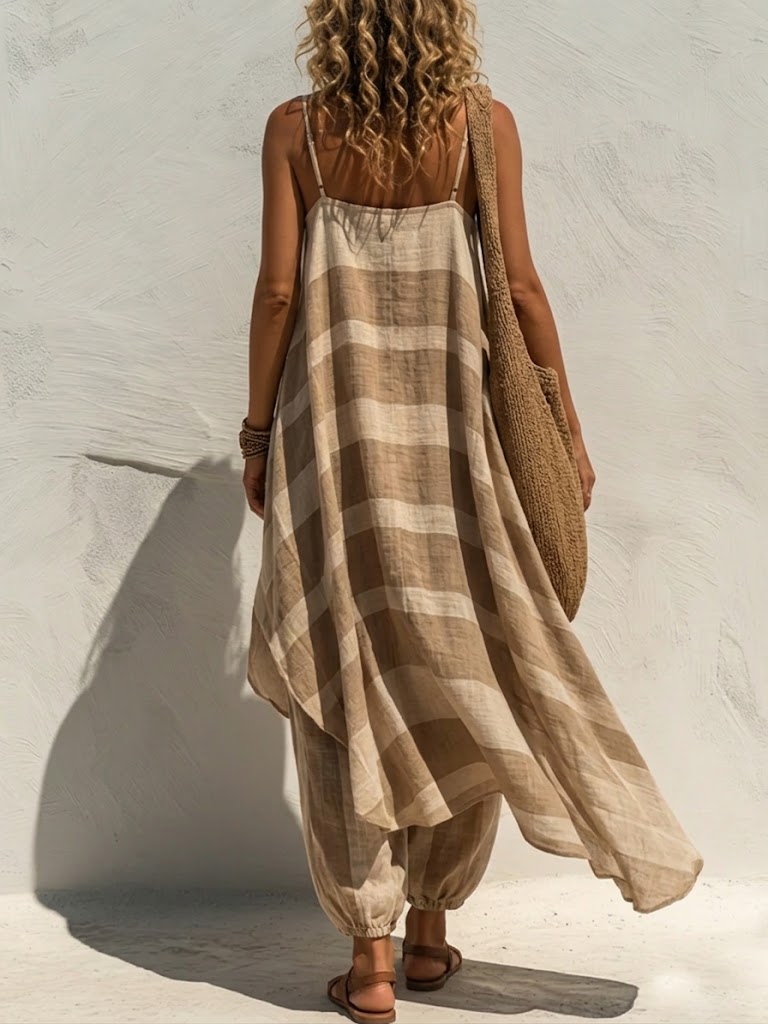Cozy &amp; Casual Striped Linen-cotton Two-piece Set: Long Spaghetti-strap Top And Lantern Pants