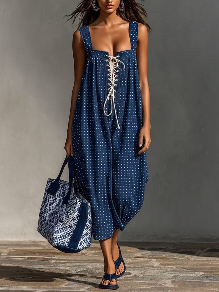 Polka-dot Belted Wide-leg Cotton Jumpsuit