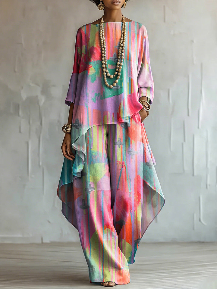 Elegant Artistic Color-block Graffiti Print Two-piece Set