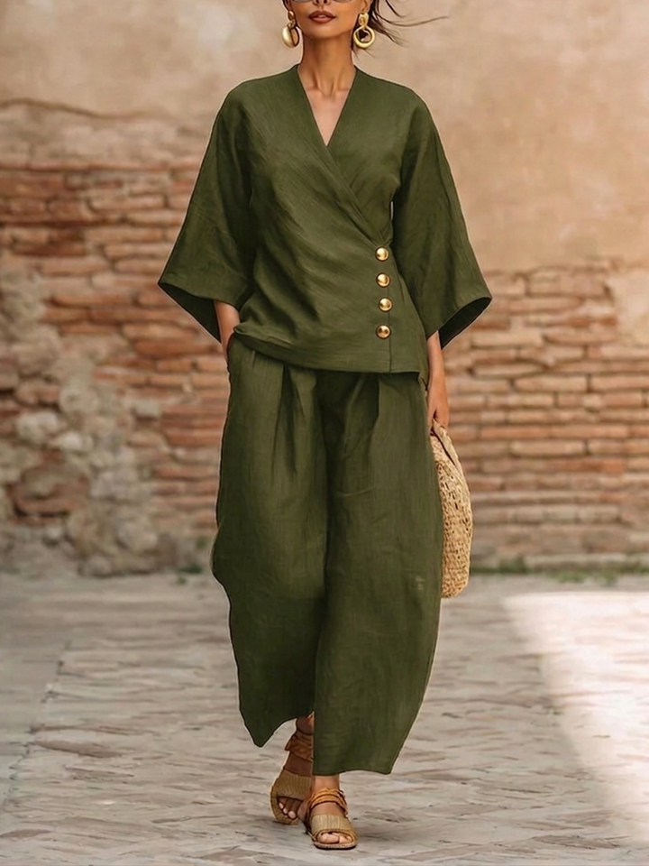 Minimalist &amp; Elegant Metal Buttons Cotton-linen Two-piece Set