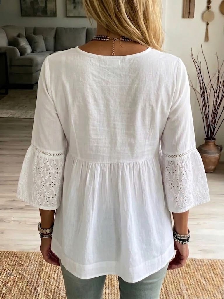 Casual Linen And Cotton Spliced embroidered Top