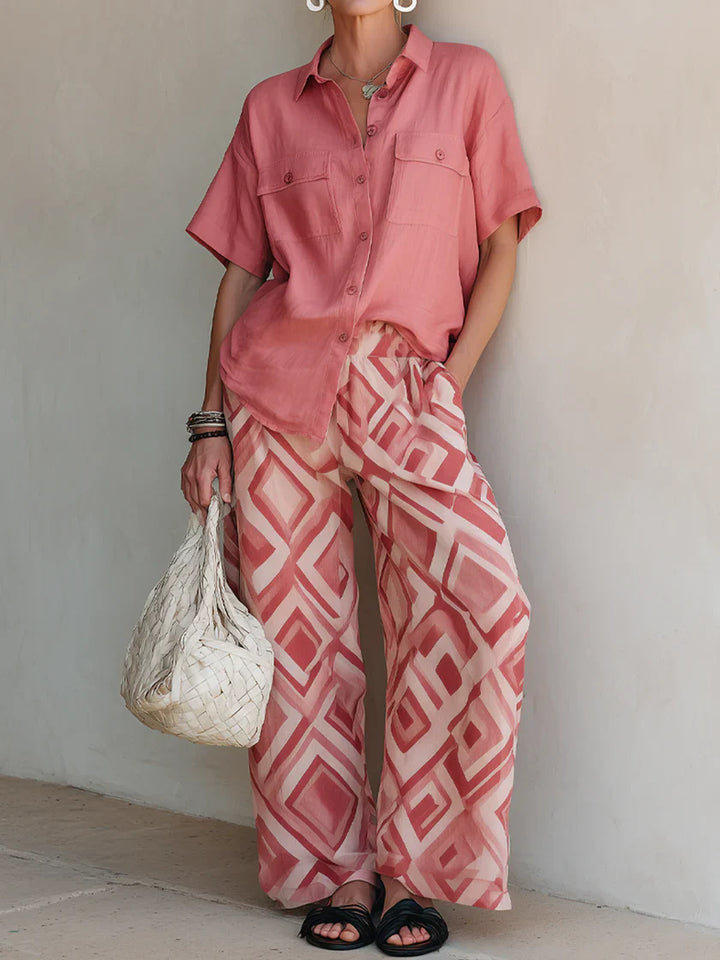 Casual Linen And Cotton Short-sleeve Shirt And Geometric-print Pants Two-piece Set