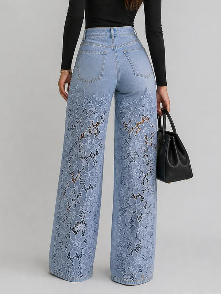 Lace Cut-out Wide-leg Denim Jeans