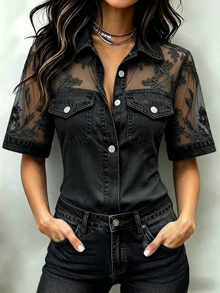 Stylish Casual Spliced lace Denim Shirt