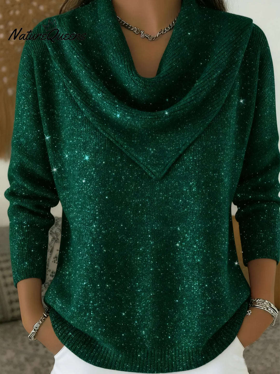 Vintage Soft Triangle Neck Sequined Shiny Sweater Top