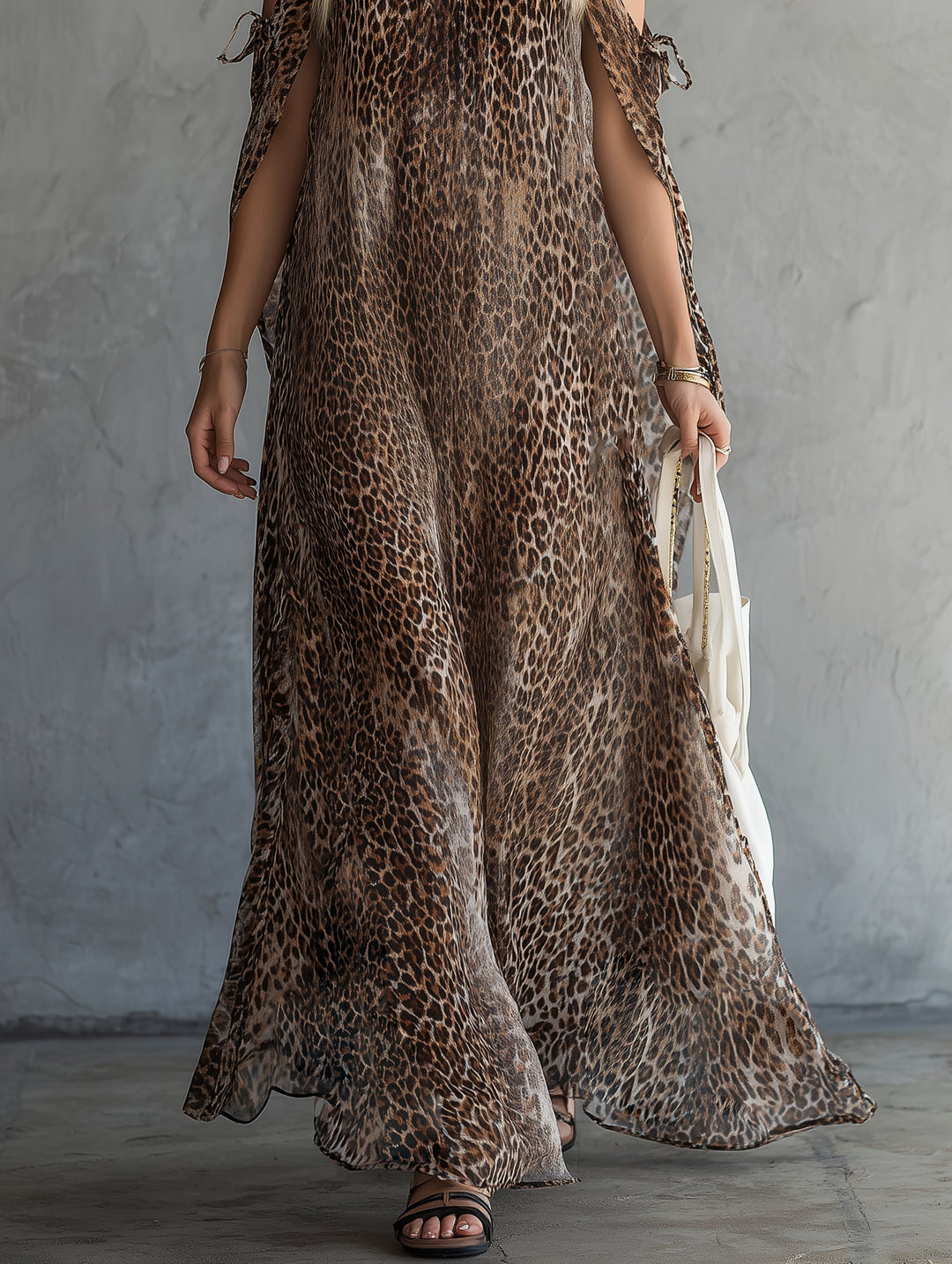 Leopard Print Cold Shoulder Chiffon Maxi Dress