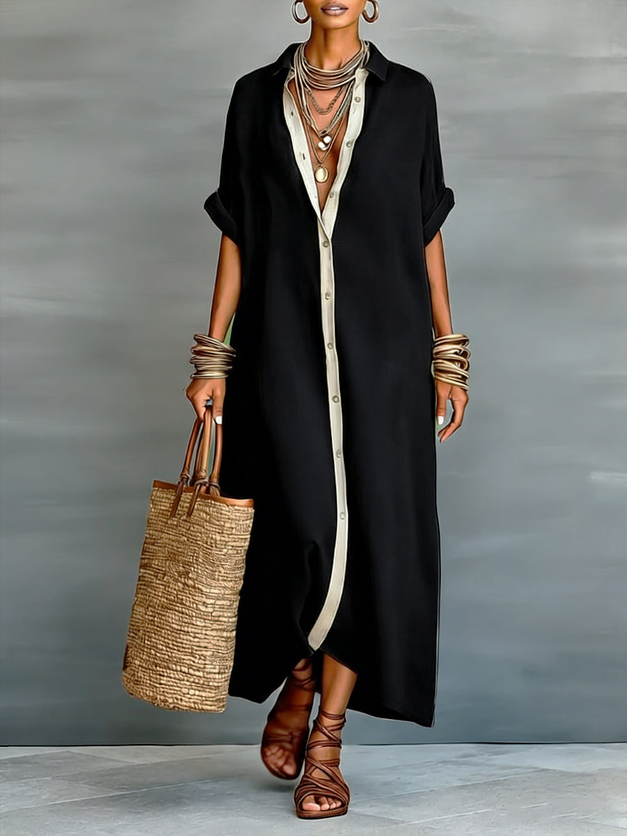 Women’s Linen &amp; Cotton Shirt Dress – Casual Loose Fit Summer Midi Dress